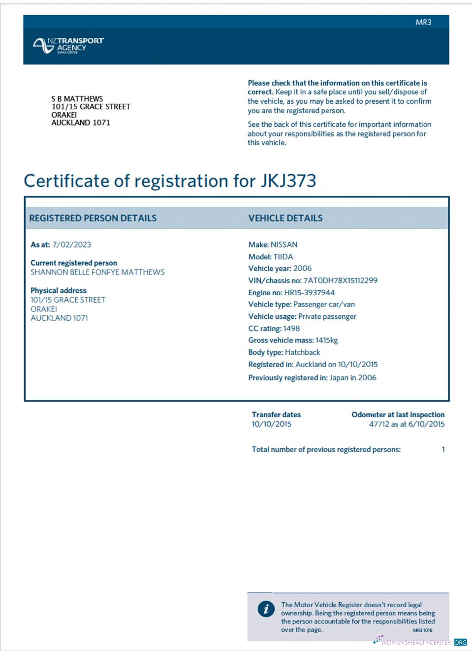 Download New Zealand vehicle registration certificate Photoshop template